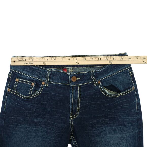 BKE Culture Stretch Boot Cut Jeans Womens 33 Mid Rise Distressed Whiskered Denim - Picture 3 of 15